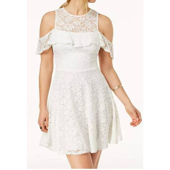 B Darlin Dresses & Skirts - B Darlin Off white lace cold shoulder fit and flare dress women's 3/4 NWT